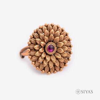Layered leaf red stone adjustable ring