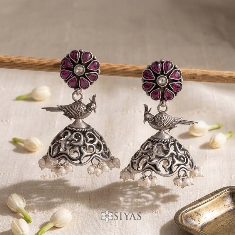 Antique red stone flower, parrot and jumki with pearl
