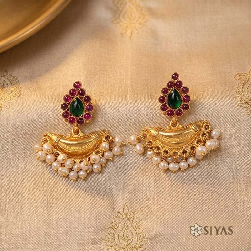 Stones stud with pearl drop cute chand bala earrings