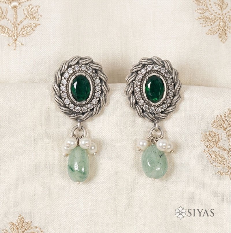 Green stone studs with pearl and green drop